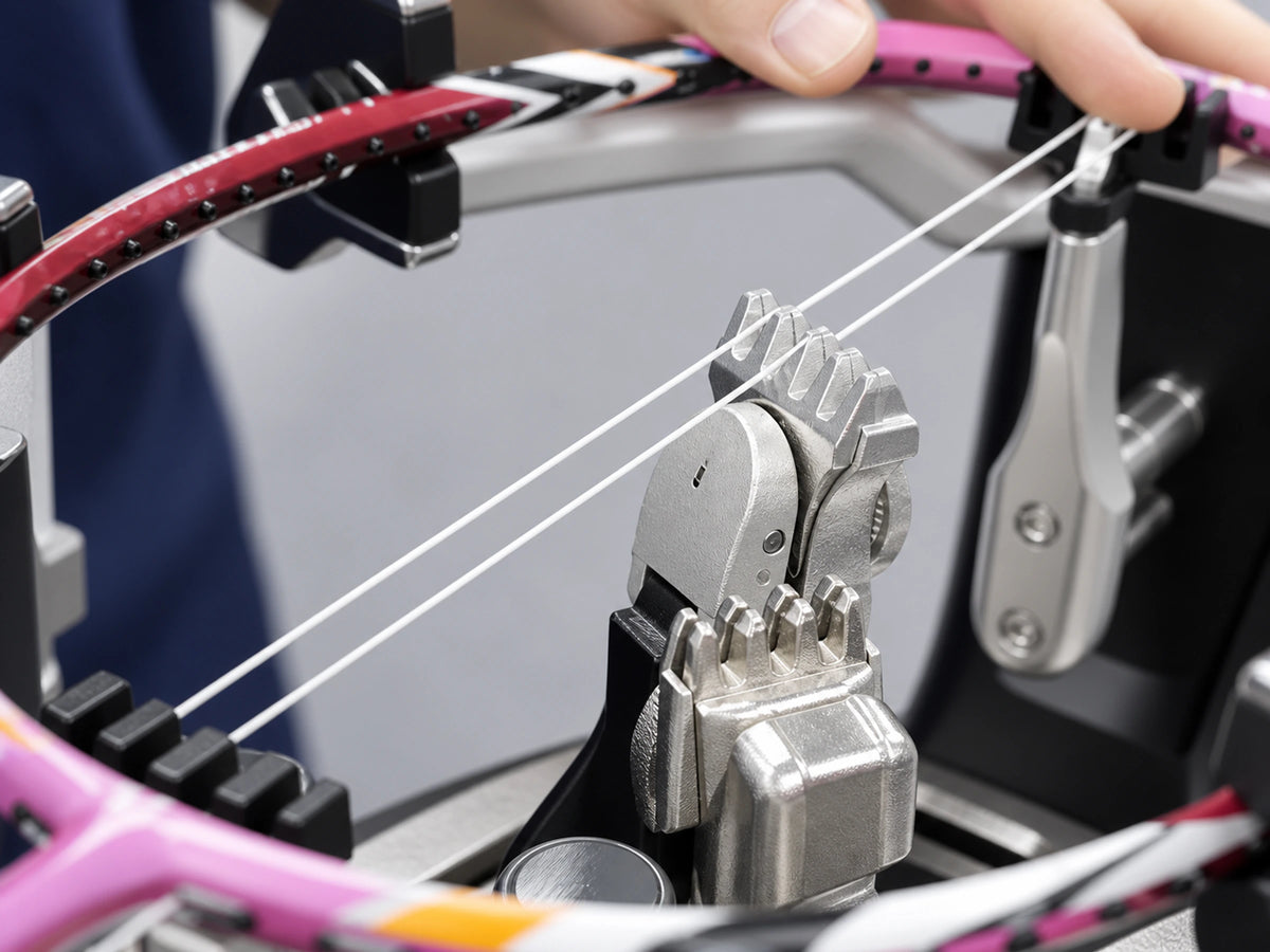 An operator routing and clamping string on a mounted racket